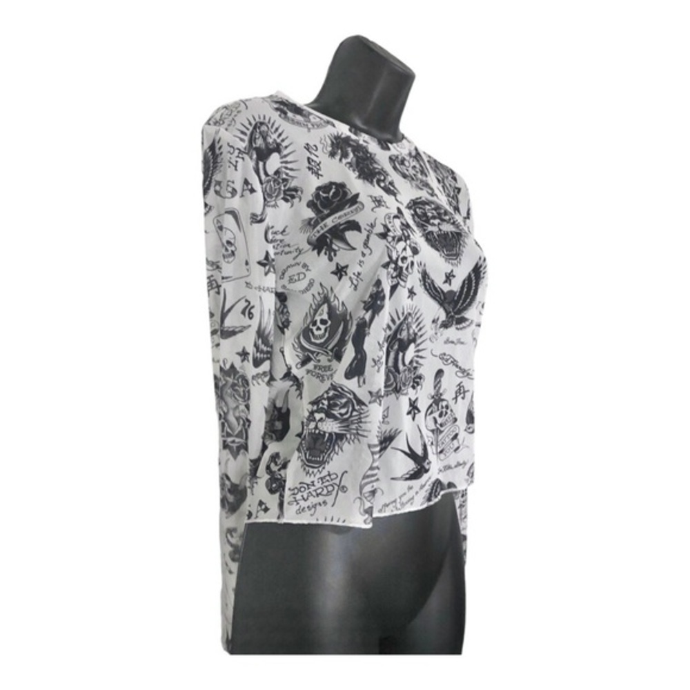 Ed Hardy white iconic Ed Hardy designs printed long‎ sleeve sheer top size large - Picture 12 of 14